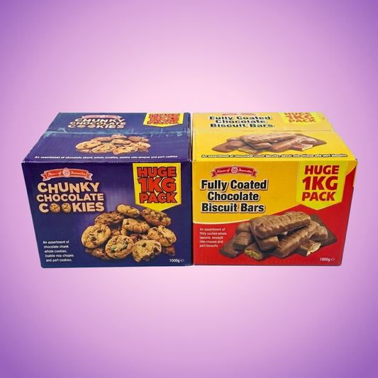 House Of Lancaster Luxury Broken Chunky Cookies & Fully Coated Chocolate Biscuit Bars Broken or Misshapen 2kg — purple and pink product photo
