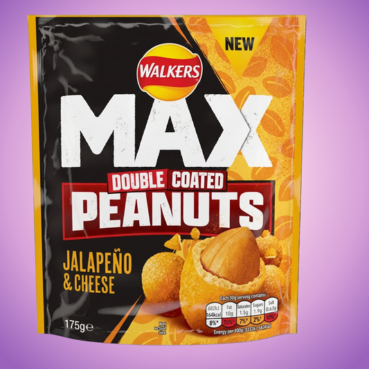 Max Double Coated Peanuts Jalapeno & Cheese Flavour 8 Pack 175g Dated 04/04/2026 — purple and pink product photo
