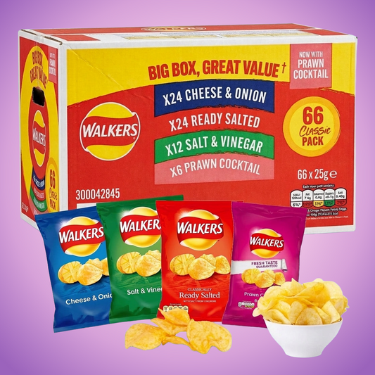 Walkers Nonsuch Variety Classic Crisp Cheese & Onion Ready Salted Salt & Vinegar Prawn Cocktail 1650g — purple and pink product photo