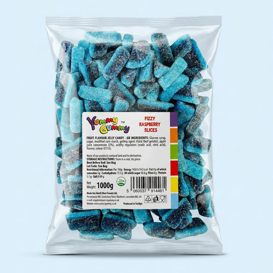Yummy Gummy Fizzy Blue Slices 1kg bulk bag front view