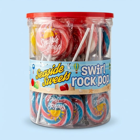Krazy Kandi Seaside Swirl Rock Pop Mixed Flavours Cherry Cola Bubblegum Hard Rock Lollipops 1500g - 1500g pack front view on pastel blue studio background