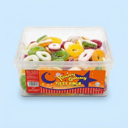 Krazy Kandi Yummy Gummy Fizzy Assorted Fruit Rings Tub 1kg - Krazy Kandi Sweet Shop, Bootle Liverpool