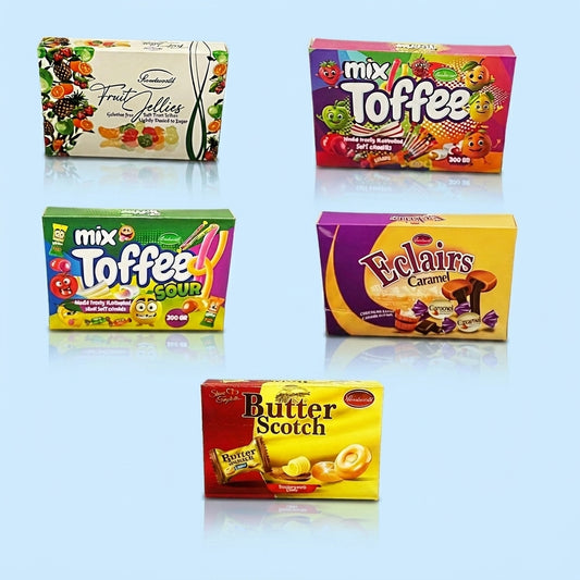 Yummys Five Toffee Boxes Bundle Fruit Jellies Mix Toffee Chocolate Eclairs Butter Scotch 1kg