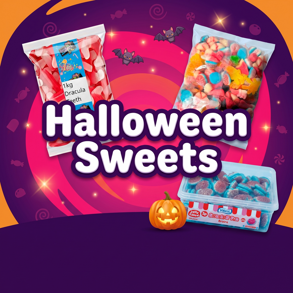 Halloween sweets including Dracula teeth, a mixed sweet bag and jelly brains