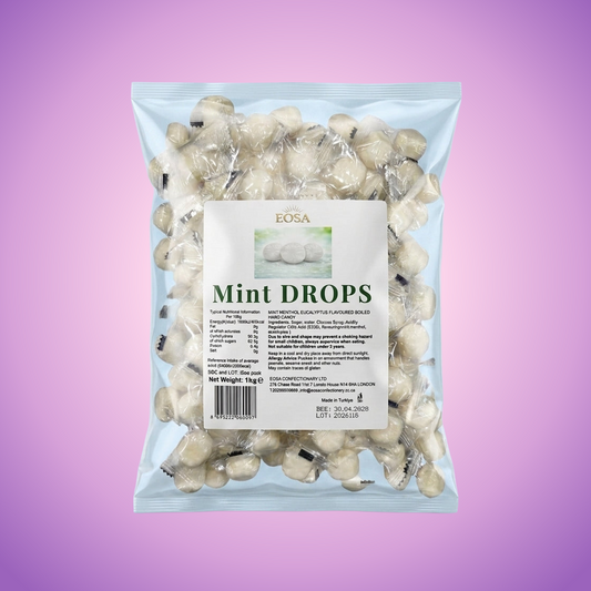Krazy Kandi Eosa Mint Drops Hard Rock Candy Individually Wrapped 1kg — purple and pink product photo