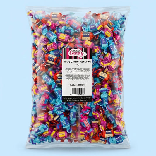 Real Retro Assorted Chew Flavours Blue Raspberry Rhubarb & Custard Cola and Bubblegum 3kg