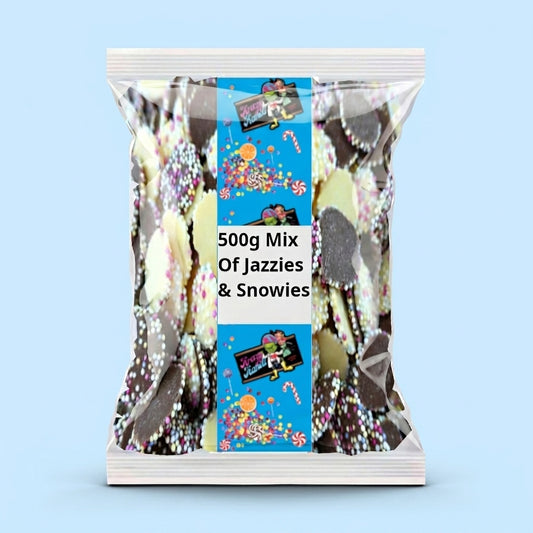 Krazy Kandi Mix of Jazzies and Snowies 500g - 500g pack front view on pastel blue studio background