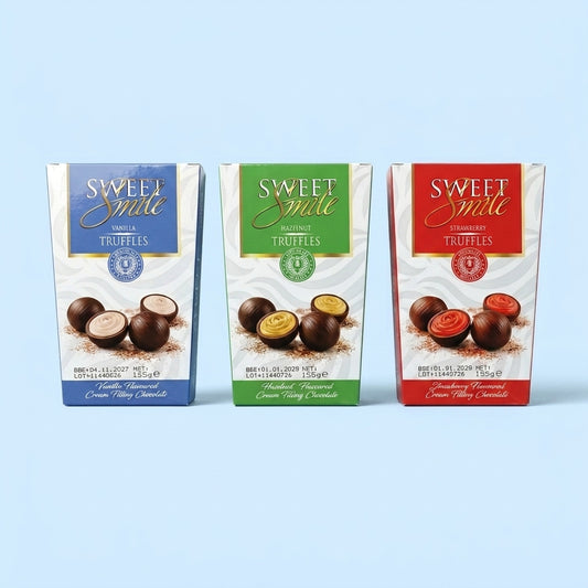 Sweet Smile Bundle 1 x 155g Vanilla Truffles 1 x 155g Hazelnut Truffles 1 x 155g Strawberry Truffles 465g