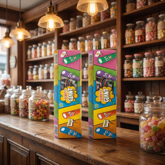 Bebeto Giant Pencils 400g x 2 displayed on a traditional wooden counter in a classic British sweet shop setting