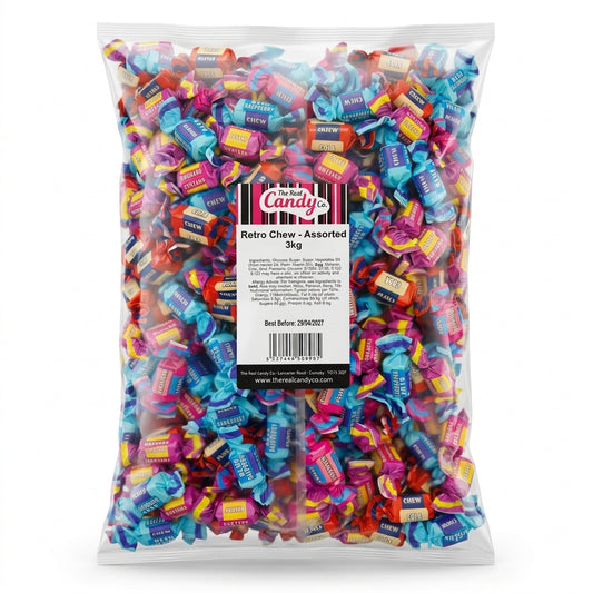 Real Retro Assorted Chew Flavours Blue Raspberry Rhubarb & Custard Cola and Bubblegum 3kg