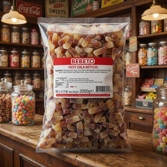 Bebeto Fizzy Cola Bottles 2kg displayed on a traditional wooden counter in a classic British sweet shop setting