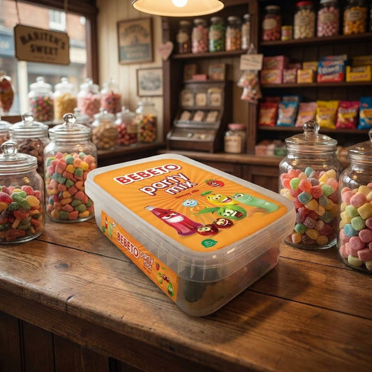 Bebeto Party Mix Tub 400g displayed on a traditional wooden counter in a classic British sweet shop setting