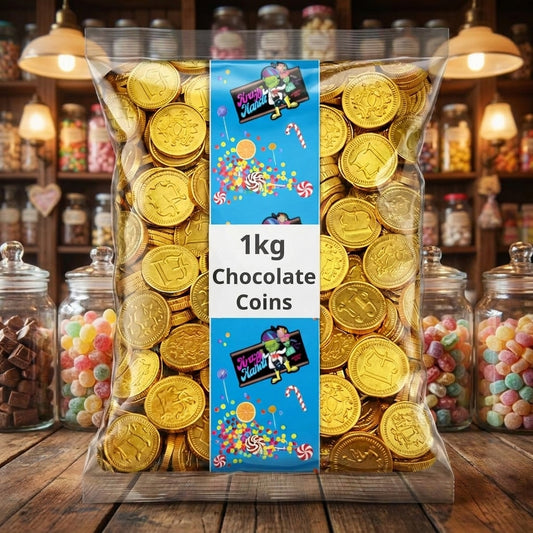 Krazy Kandi Chocolate Coins 1kg displayed on a traditional wooden counter in a classic British sweet shop setting