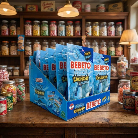 Bebeto Freeze Dried Blue Raspberry Rings 12 x 35g displayed on a traditional wooden counter in a classic British sweet shop setting
