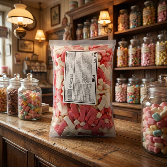 Bebeto Jelly Bones 2kg displayed on a traditional wooden counter in a classic British sweet shop setting