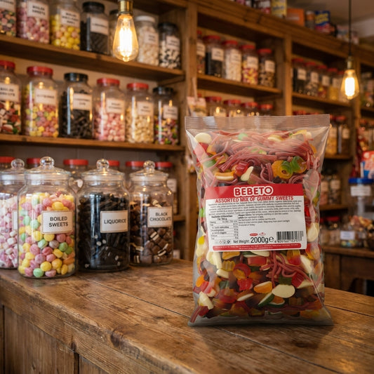 Bebeto Assorted Mix of Gummy Sweets 2kg displayed on a traditional wooden counter in a classic British sweet shop setting