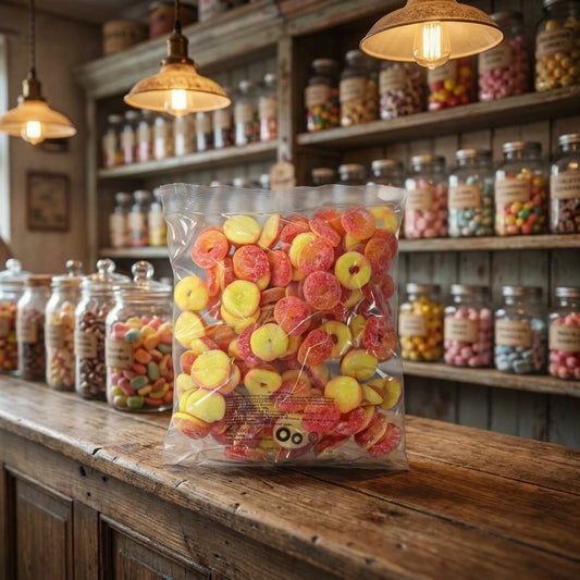Aladdins Peach Rings 1kg displayed on a traditional wooden counter in a classic British sweet shop setting
