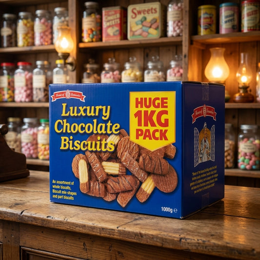 House Of Lancaster Luxury Chocolate Biscuits 1kg displayed on a traditional wooden counter in a classic British sweet shop setting