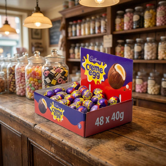 Cadburys Creme Eggs 48 x 40g displayed on a traditional wooden counter in a classic British sweet shop setting