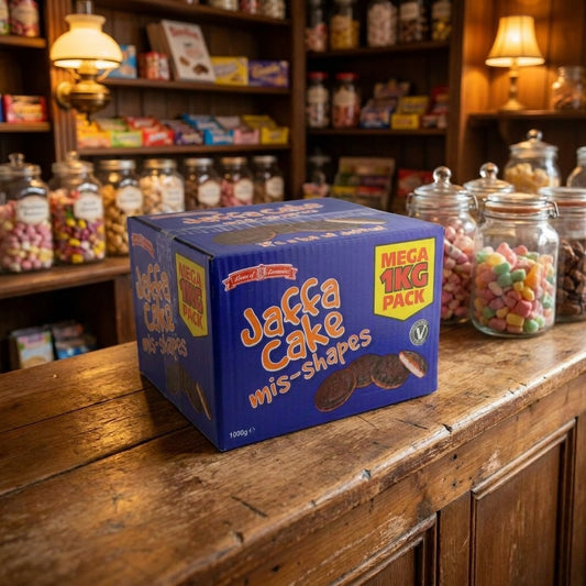 House Of Lancaster Jaffa Cakes Mis-shapes 1kg displayed on a traditional wooden counter in a classic British sweet shop setting