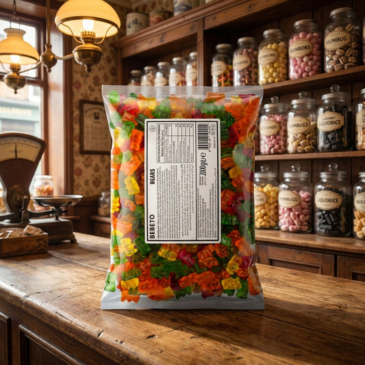 Bebeto Jelly Bears 2kg displayed on a traditional wooden counter in a classic British sweet shop setting