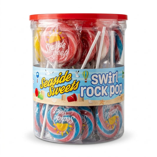 Krazy Kandi Seaside Swirl Rock Pop Mixed Flavours Cherry Cola Bubblegum Hard Rock Lollipops 1500g displayed on a traditional wooden counter in a classic British sweet shop setting