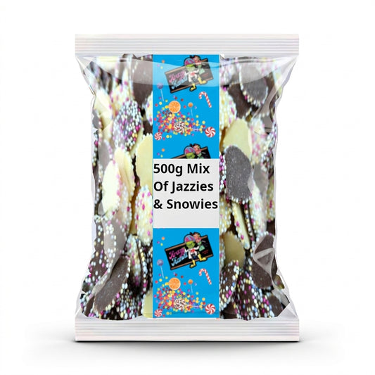 Krazy Kandi Mix of Jazzies and Snowies 500g displayed on a traditional wooden counter in a classic British sweet shop setting