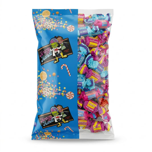 Krazy Kandi Retro Assorted Chew Flavours Bubblegum Blue Raspberry Rhubarb & Custard and Cola 1kg