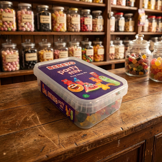 Bebeto Fizzy Party Mix Tub 400g displayed on a traditional wooden counter in a classic British sweet shop setting