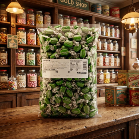Krazy Kandi Chocolate Limes 3kg displayed on a traditional wooden counter in a classic British sweet shop setting