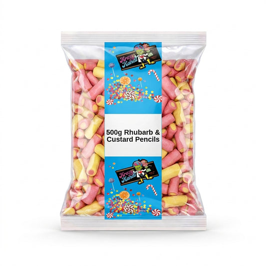 Krazy Kandi Rhubarb & Custard Pencils 500g View 2 - Krazy Kandi Sweet Shop, Bootle Liverpool