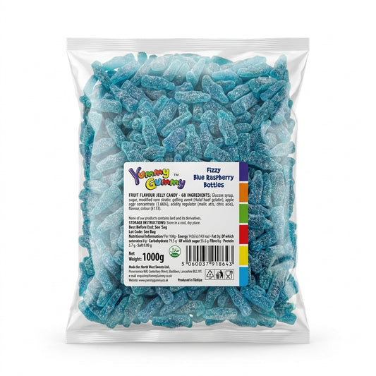 Krazy Kandi Yummy Gummy Fizzy Blue Raspberry Bottles Bag 1kg View 2 - Krazy Kandi Sweet Shop, Bootle Liverpool