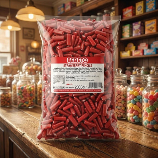 Bebeto Strawberry Pencil Bites 2kg displayed on a traditional wooden counter in a classic British sweet shop setting
