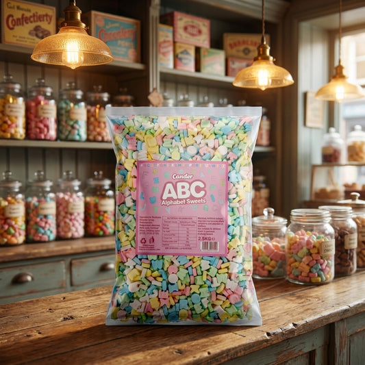 Cander ABC Letters 2.5kg displayed on a traditional wooden counter in a classic British sweet shop setting