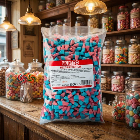 Bebeto Fizzy Bubblegum Bottles 2kg displayed on a traditional wooden counter in a classic British sweet shop setting