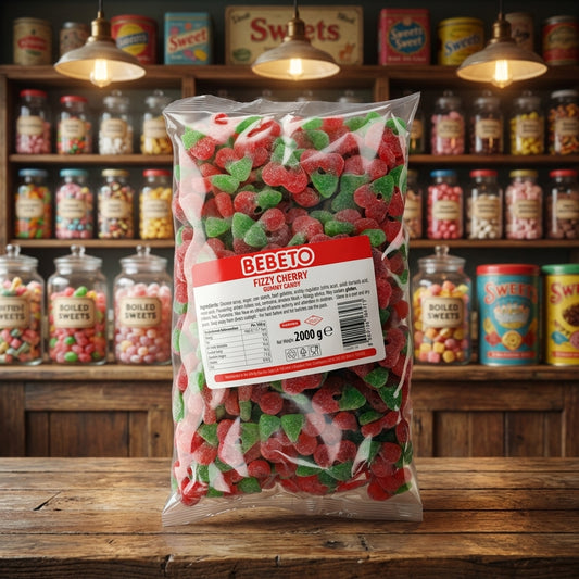 Bebeto Fizzy Cherries 2kg displayed on a traditional wooden counter in a classic British sweet shop setting