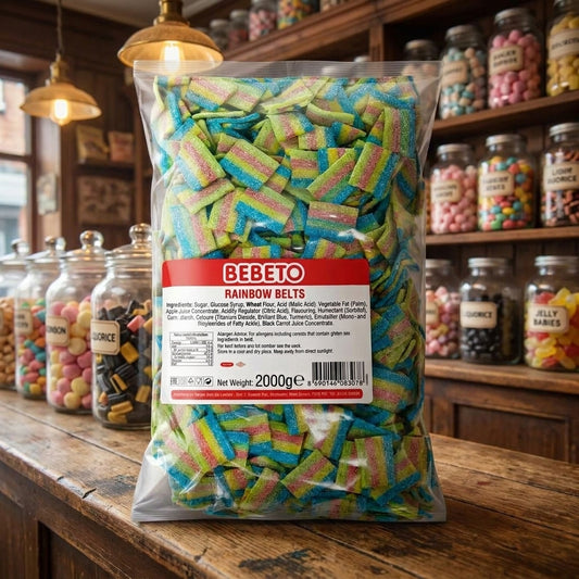 Bebeto Fizzy Rainbow Belts Bites 2kg displayed on a traditional wooden counter in a classic British sweet shop setting