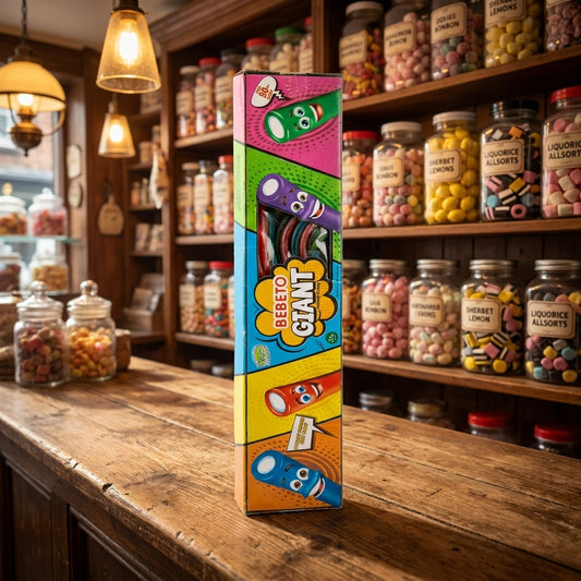 Bebeto Giant Pencils 400g displayed on a traditional wooden counter in a classic British sweet shop setting