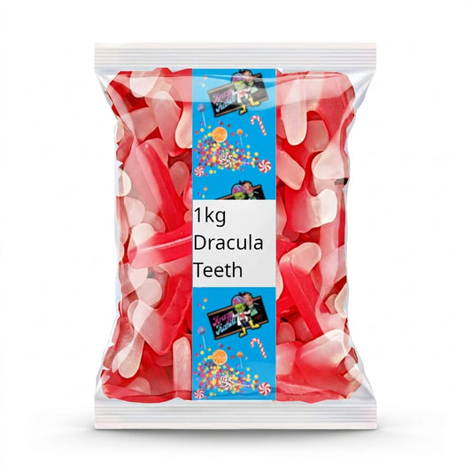 Krazy Kandi Dracula Teeth 1kg displayed on a traditional wooden counter in a classic British sweet shop setting
