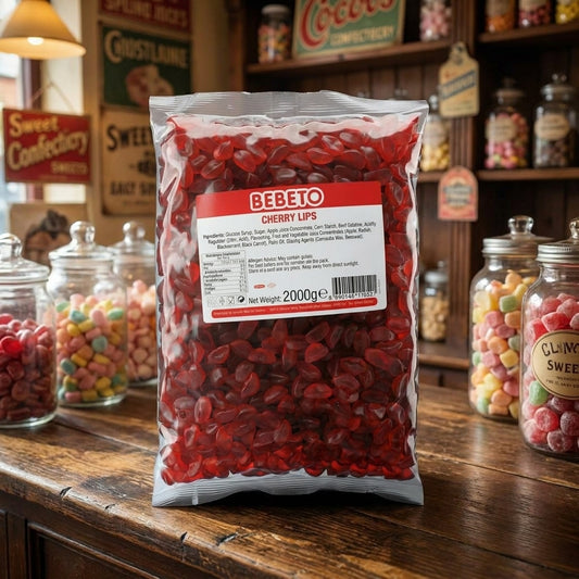 Bebeto Cherry Lips 2kg displayed on a traditional wooden counter in a classic British sweet shop setting