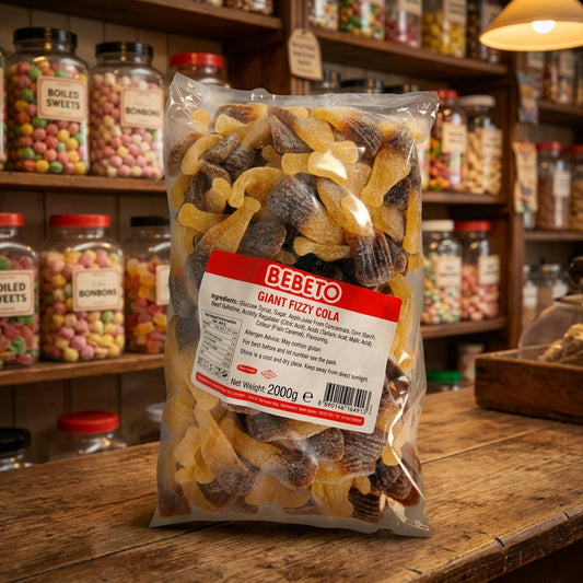 Bebeto Giant Fizzy Cola Bottles 2kg displayed on a traditional wooden counter in a classic British sweet shop setting