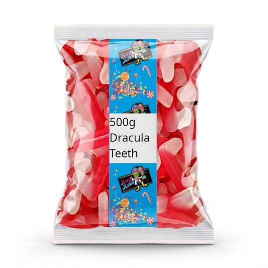Krazy Kandi Dracula Teeth 500g displayed on a traditional wooden counter in a classic British sweet shop setting
