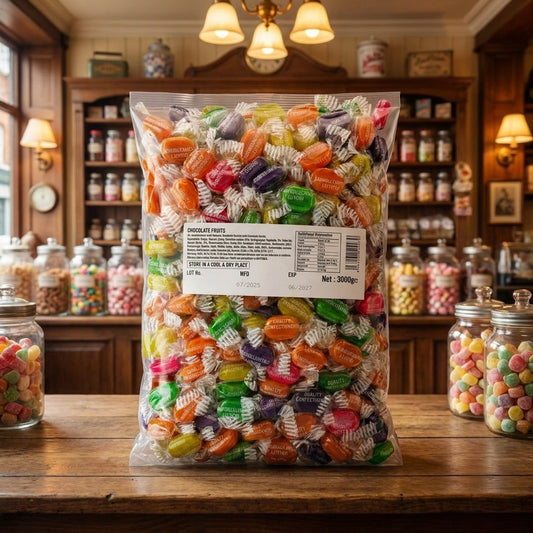 Krazy Kandi Chocolate Fruits 3kg displayed on a traditional wooden counter in a classic British sweet shop setting