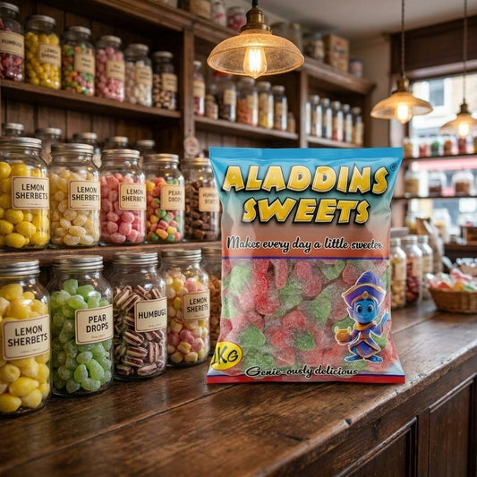 Aladdins Fizzy Twin Cherries 1kg displayed on a traditional wooden counter in a classic British sweet shop setting