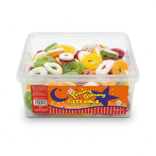 Krazy Kandi Yummy Gummy Fizzy Assorted Fruit Rings Tub 1kg View 2 - Krazy Kandi Sweet Shop, Bootle Liverpool
