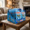 Bebeto Freeze Dried Blue Raspberry Rings 12 x 35g on a coffee table in a cosy home living room setting