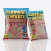 Two packs of Aladdins Fizzy Twin Cherries 1kg commercial marketing layout on a reflective white surface
