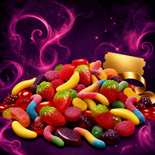 Colourful sweets on a dark purple and pink background