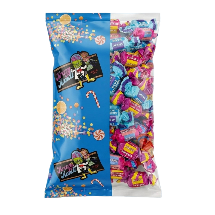 Krazy Kandi Retro Assorted Chew Flavours Bubblegum Blue Raspberry Rhubarb & Custard and Cola 1kg
