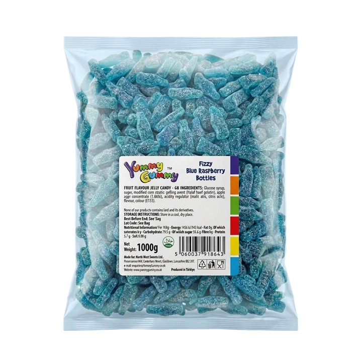 Krazy Kandi Yummy Gummy Fizzy Blue Raspberry Bottles Bag 1kg Sweets